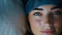 Young woman with striking blue eyes wearing medical scrub cap smiling confidently in dramatic lighting, representing healthcare professional at work.