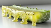 Fresh aloe vera leaf slice showing transparent gel and yellow sap on gray background, natural healing plant closeup macro photography.