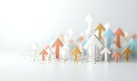 Upward pointing arrows in pastel colors white, gold, and coral arranged in ascending order on light background with glitter scatter, symbolizing growth and success.