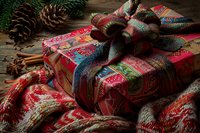 Festive gift box wrapped in colorful patterned paper with fabric bow, surrounded by cozy knitted scarf, pine cones, and cinnamon sticks.