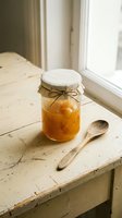 Homemade orange marmalade in glass jar with fabric cover and twine on rustic wooden table by window for breakfast and cooking.