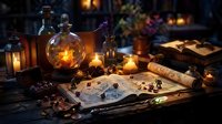 Mystical alchemist laboratory with glowing potions, ancient scrolls, candles and magical apparatus creating atmospheric fantasy workspace for gaming or storytelling.
