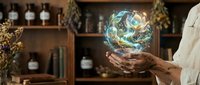 Alchemist hands holding glowing magical orb with swirling energy in mystical laboratory with potions and herbs for fantasy gaming and storytelling concepts.