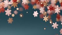 Festive winter background with hanging snowflake decorations in red, gold, and pink against dark blue backdrop with bokeh lights.