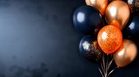 Festive bunch of orange, navy blue and rose gold metallic balloons with glitter decoration against dark background, copy space for party design.