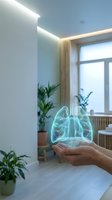 Hand holding holographic lungs projection in modern home interior with plants. Healthcare technology concept for medical education and respiratory wellness.