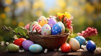 Colorful decorated Easter eggs in wicker basket with spring flowers and foliage on wooden surface against blurred natural background for holiday celebrations.