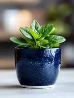 Fresh green spinach plant growing in decorative navy blue ceramic pot with embossed pattern, set against soft blurred background on white surface.