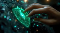 Glowing green shield hologram with reaching hand against dark background with bokeh lights, representing digital security and cybersecurity protection concept.