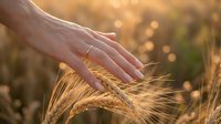 Hand gently touching golden wheat ears in warm sunlight during harvest season, representing agriculture, farming, and natural grain production.