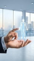 Businessman hands protecting holographic human figure with digital network connections in modern office representing healthcare technology and medical innovation.