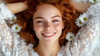 Young woman with red hair and bright smile lying among white daisies, wearing lace. Natural beauty and happiness concept for wellness and skincare marketing.
