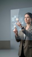 Professional businesswoman interacting with futuristic holographic financial interface displaying charts, graphs and data analytics in modern office.