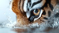 Extreme close up of tiger eye and face with water drops and splashes, showing intricate details of fur pattern, amber iris and fierce expression in dramatic lighting.