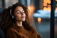 Young Hispanic woman with curly hair wearing brown sweater and headphones relaxing with eyes closed against evening bokeh lights background.
