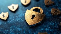 Golden heart-shaped padlock with keyhole on dark blue circuit board background, symbolizing cybersecurity, data protection and digital privacy in modern technology.
