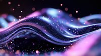 Magical flowing waves with glowing particles in purple and blue colors create dreamy abstract background with bokeh effect and sparkles.