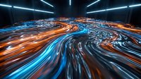 Abstract digital data flow with glowing orange and blue light streams creating dynamic wave patterns in futuristic cyber space environment.