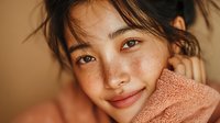 Young Asian woman with natural makeup and freckles wearing cozy sweater, warm lighting portrait for lifestyle and beauty content.