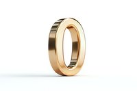 Golden metallic number zero on white background, dimensional figure with reflective surface and clean modern design for typography and counting concepts.