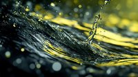 Macro shot of water drop splash creating ripples and waves with golden bokeh background highlights. Dynamic liquid motion captured in high-speed photography.