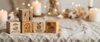 Wooden blocks with insurance icons on cozy blanket with warm bokeh lights creating peaceful home protection concept for financial planning materials.