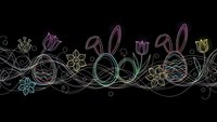 Easter seamless border with colorful line art bunny ears, decorated eggs and spring flowers on black background for holiday design projects.