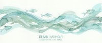 Ocean waves watercolor illustration with swimming fish in turquoise and green tones on white background for marine themed designs and peaceful decor.
