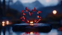 Heart-shaped wreath with glowing red leaves reflecting on water surface at dusk, full moon and mountain silhouettes create romantic atmosphere.