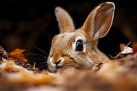 Adorable brown rabbit peeking through fallen autumn leaves with big expressive eyes and perked ears, close-up portrait against dark natural background in warm tones.