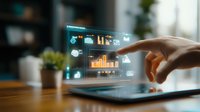 Futuristic holographic business analytics display with hand touching virtual screen showing charts, graphs and data visualization for financial technology.