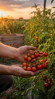 Farmer hands harvesting fresh ripe cherry tomatoes from vine in organic garden during golden hour sunset for healthy eating and sustainable agriculture.