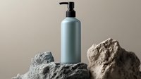Minimalist cosmetic bottle mockup on natural stone composition against neutral background. Matte blue container with black pump dispenser for skincare products.
