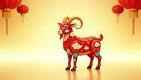 Red paper cut goat with golden ornamental patterns standing on warm yellow background with hanging Chinese lanterns for lunar new year celebration.