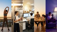 Collage of daily life scenes showing diverse people in morning workout, office work, family dinner, and evening reading moments.