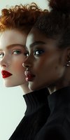 Side profile portrait of two diverse models wearing black turtleneck sweaters, featuring contrasting skin tones, makeup styles, and hair textures against light background.