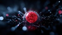 Red glowing sphere with light particles and bokeh effects on dark background, abstract science visualization with dynamic energy burst and motion blur.