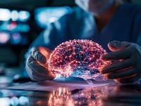 Glowing digital brain hologram in scientist hands, neural network visualization with red and blue light effects on dark background with reflective surface.