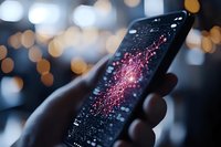Glowing pink digital network visualization on smartphone screen with bokeh lights in background, showing modern connectivity and data flow concept.