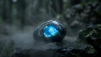 Mystical glowing blue gemstone resting on dark wet rocks with atmospheric mist and steam creating magical fantasy ambiance for meditation and spiritual content.
