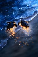 Magical sea turtles swimming through glowing ocean waters at night, illuminated by bioluminescent plankton creating ethereal light trails in dark blue waves.