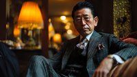 Distinguished Asian businessman in elegant pinstripe suit sitting confidently in luxurious interior with warm ambient lighting and classic furnishings.