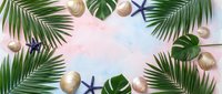 Tropical summer frame with palm leaves, seashells and starfish on pastel background. Vacation border design for travel and holiday themed projects.