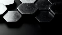 Metallic hexagonal shapes arranged on dark surface, monochrome industrial composition with dramatic shadows and brushed steel texture.