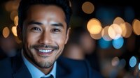 Young Asian businessman with confident smile against blurred bokeh lights background, wearing dark suit and projecting success and leadership.