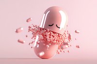 Pink medical capsule pill breaking apart and dispersing small heart shapes against soft pink background, conceptual pharmaceutical and healthcare visualization.