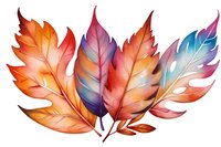 Vibrant watercolor autumn leaves in orange, pink and blue tones with delicate veining and translucent effects, isolated on white background for creative designs.