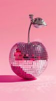 Disco ball shaped like cherry or apple with silver mirror tiles and metallic stem and leaf on pink background with light reflection. Party concept.