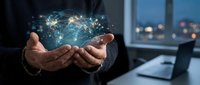Businessman hands holding glowing digital network sphere with connected dots and lines representing global connectivity and data technology solutions.
