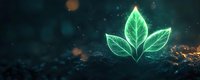 Glowing green neon leaves symbol on dark background with bokeh lights and particles, representing sustainability and eco-friendly technology concept.